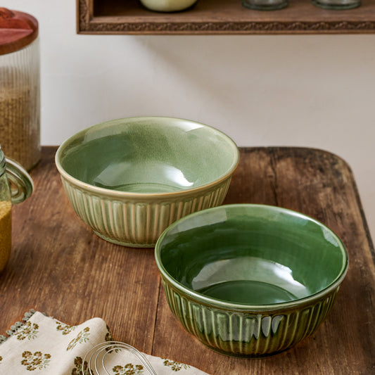 The Cottage Collection Laurel Green Mixing Bowl Set shown on table