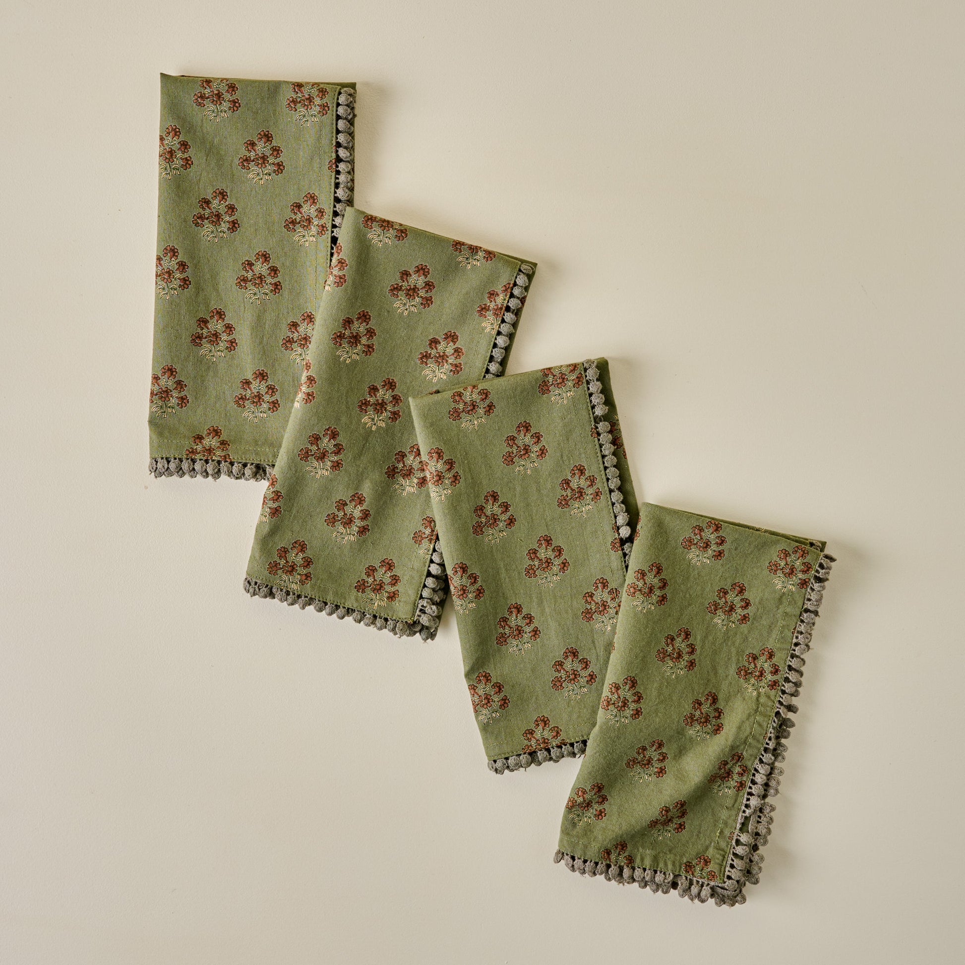Magnolia Olive Green Block Printed Napkin Set of Four