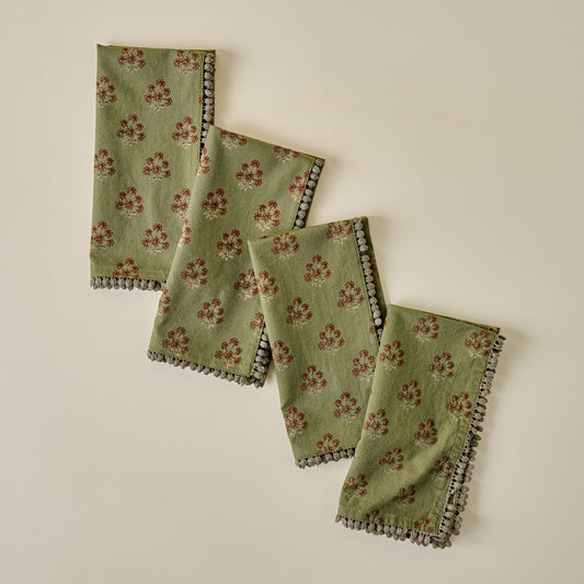 Magnolia Olive Green Block Printed Napkin Set of Four