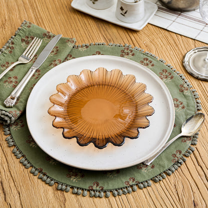 Magnolia Olive Green Block Printed Placemat Set of Four shown on table