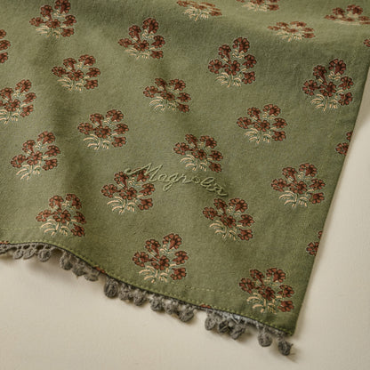 Magnolia Olive Green Block Printed Tea Towel corner up close