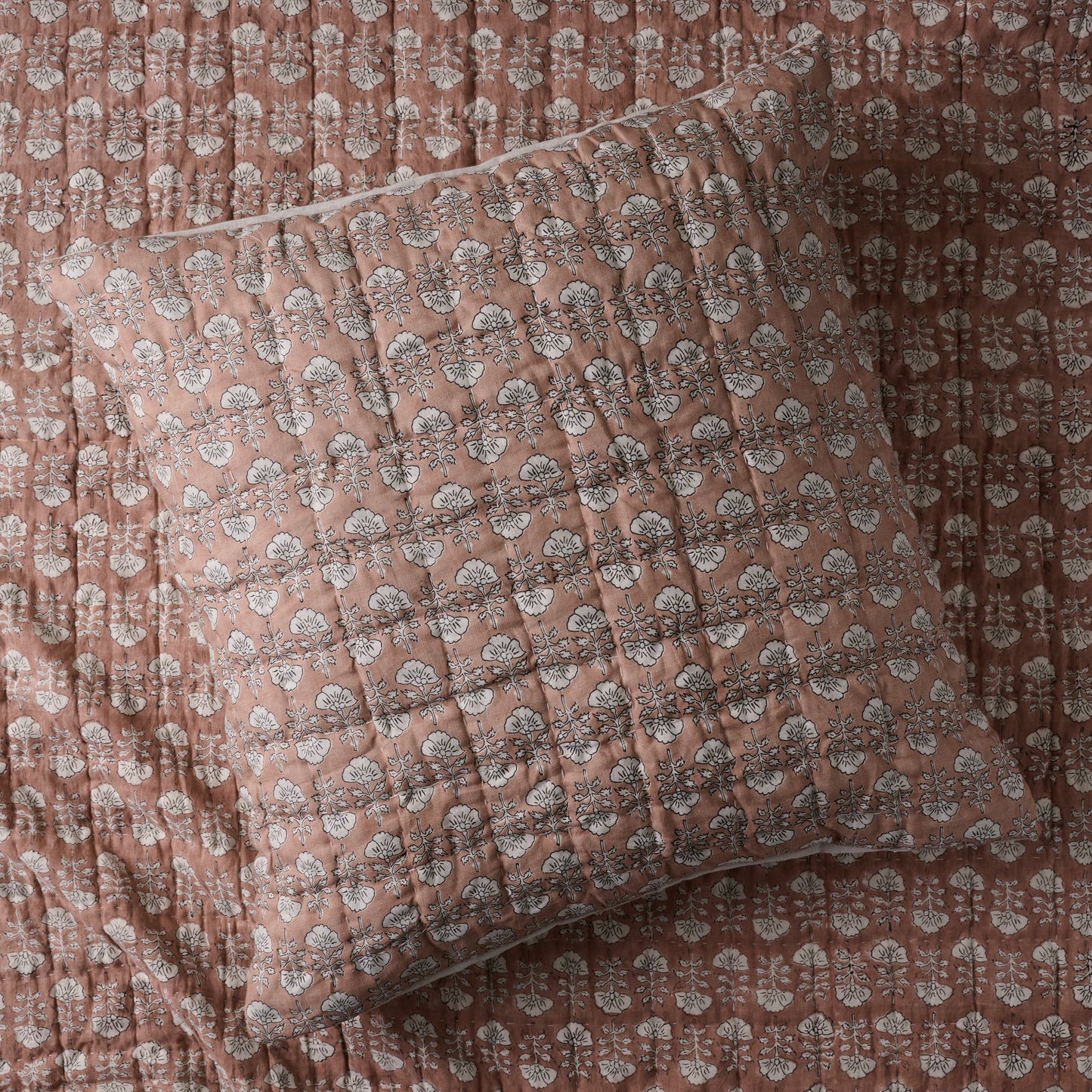 Flora Block Print Pillow Sham - Desert Clay, Euro size shown with matching bedding