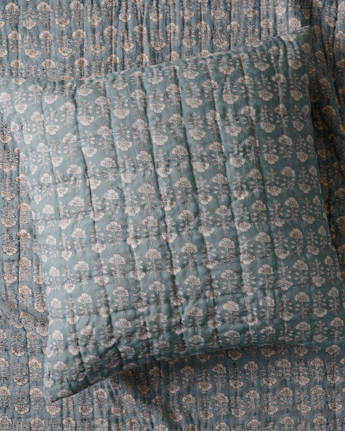 Flora Block Print Pillow Sham - Silver Blue, Euro size shown with matching bedding
