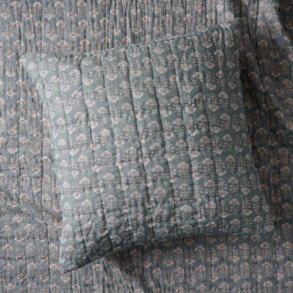 Flora Block Print Pillow Sham - Silver Blue, Euro size shown with matching bedding