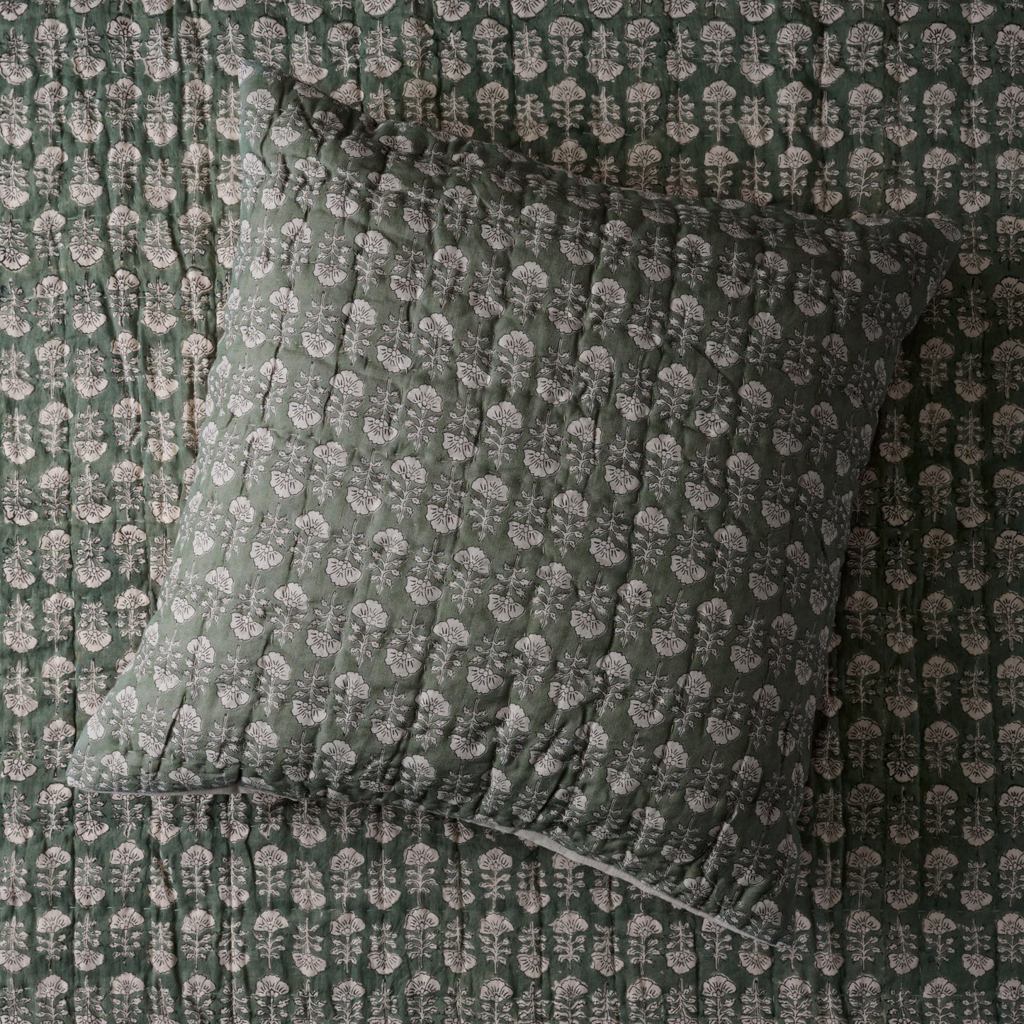Flora Block Print Pillow Sham - Dusty Green, Euro Size shown on matching bedding