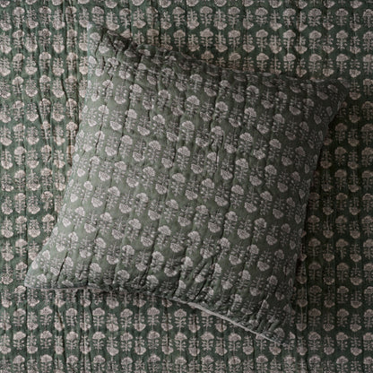 Flora Block Print Pillow Sham - Dusty Green, Euro Size shown on matching bedding