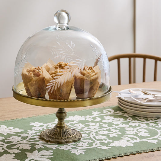 Marlowe Etched Glass + Brass Cake Stand shown with muffins