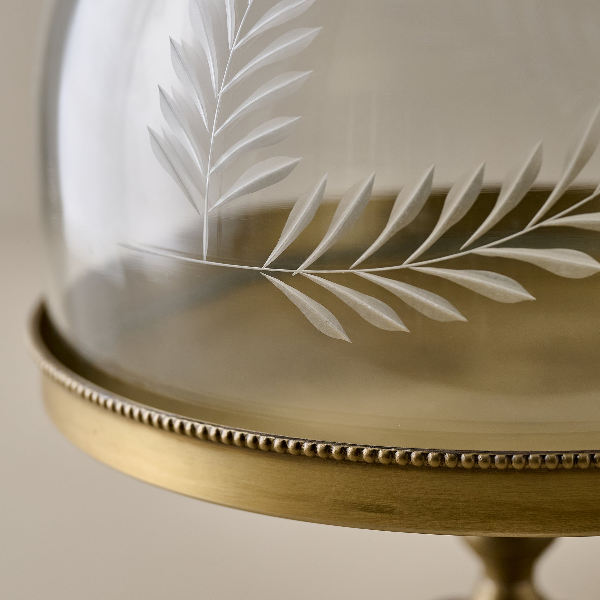 Marlowe Etched Glass + Brass Cake Stand up close