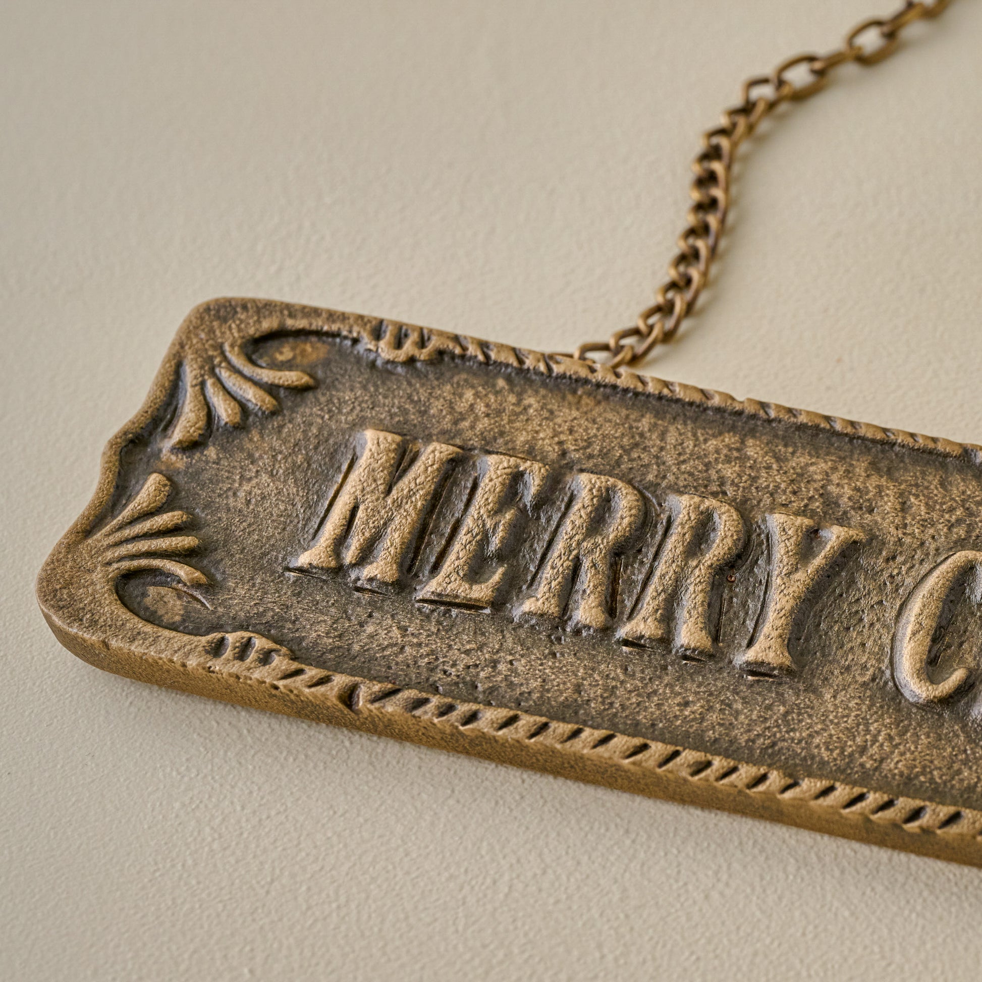 Antique-Inspired Hanging Merry Christmas Sign up close