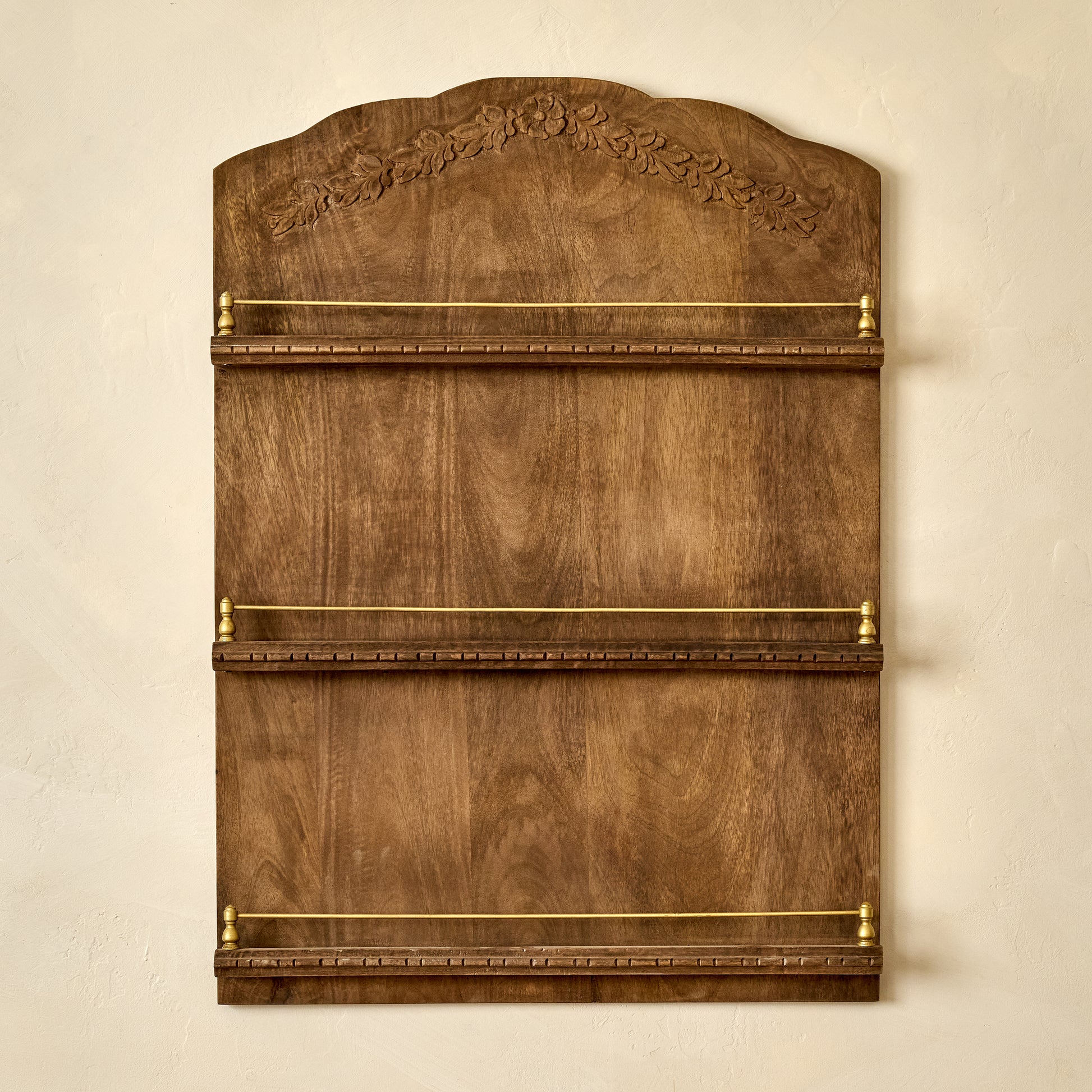 Gloria Carved Wood and Brass Display Shelf