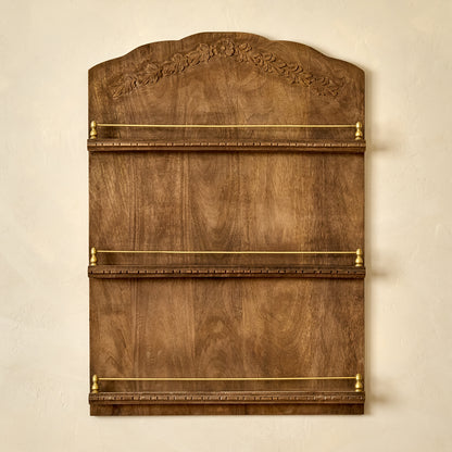Gloria Carved Wood and Brass Display Shelf