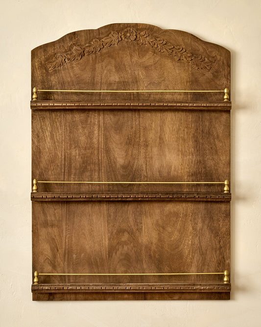 Gloria Carved Wood and Brass Display Shelf