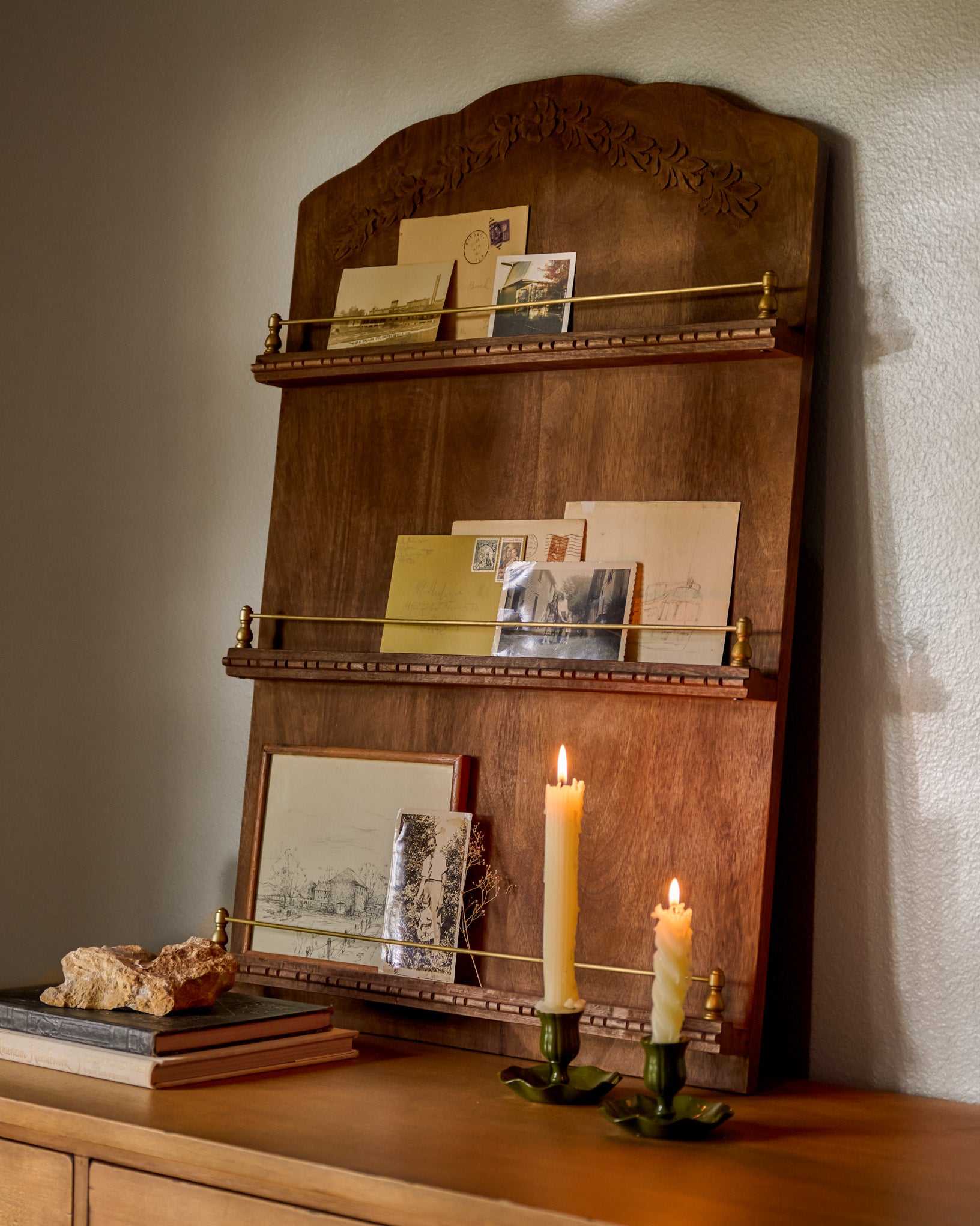 Gloria Carved Wood and Brass Display Shelf – Magnolia