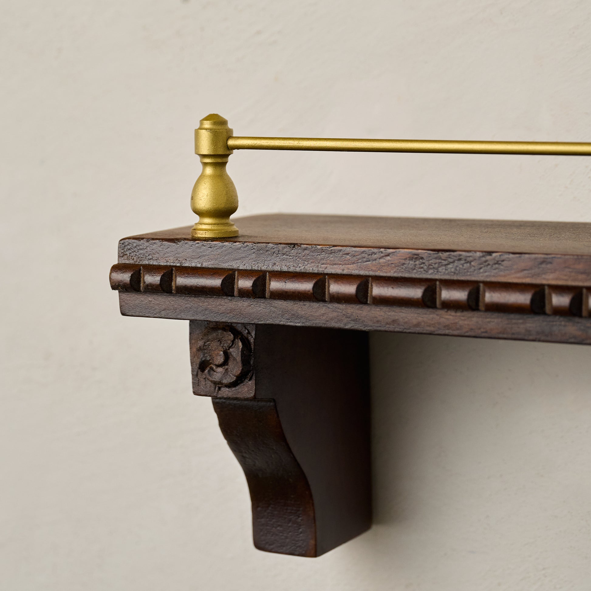 36" Gloria Carved Wood and Brass Picture Ledge up close