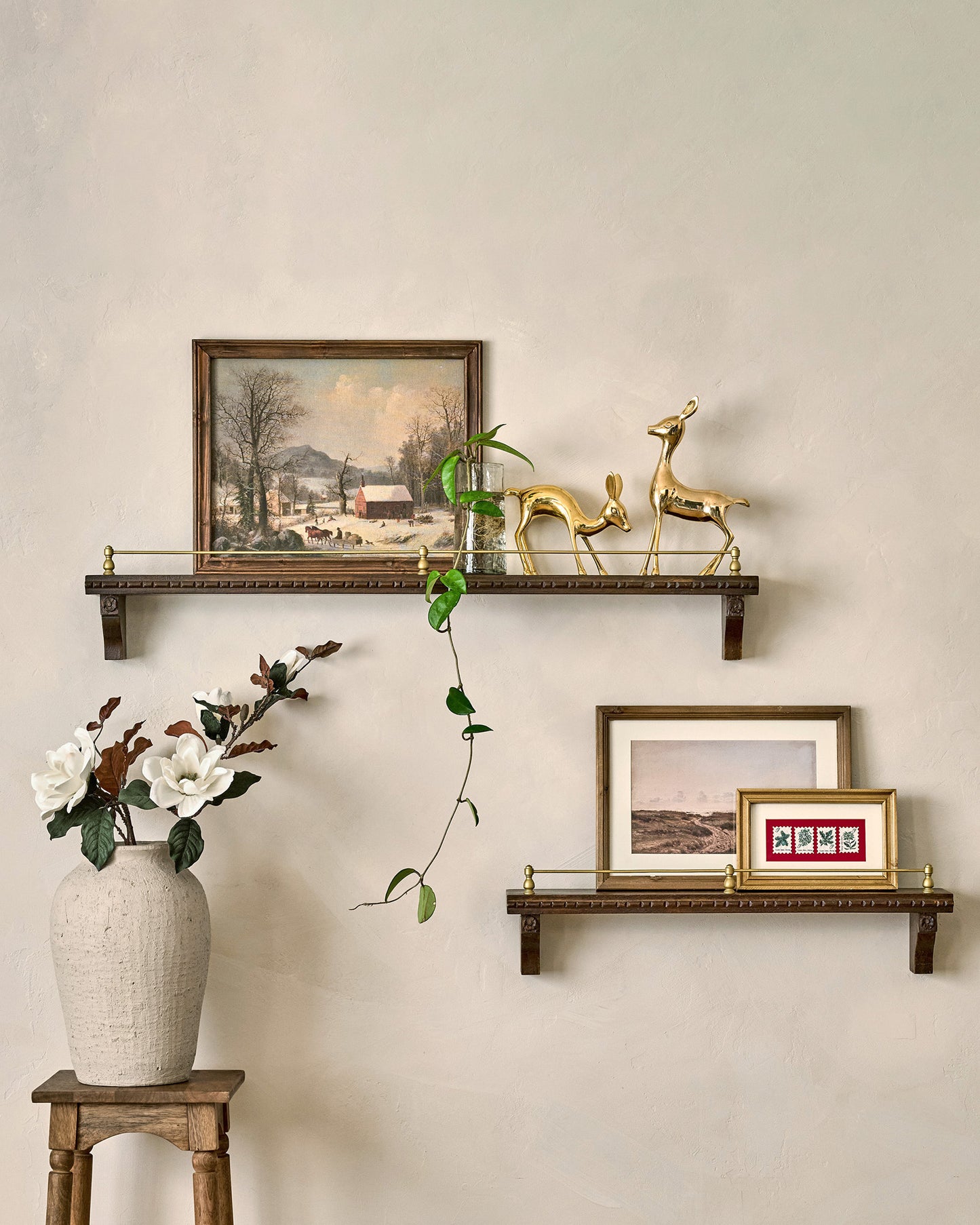 Gloria Carved Wood and Brass Picture Ledge with decor