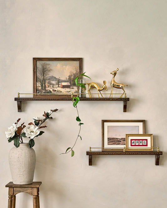 Gloria Carved Wood and Brass Picture Ledge with decor