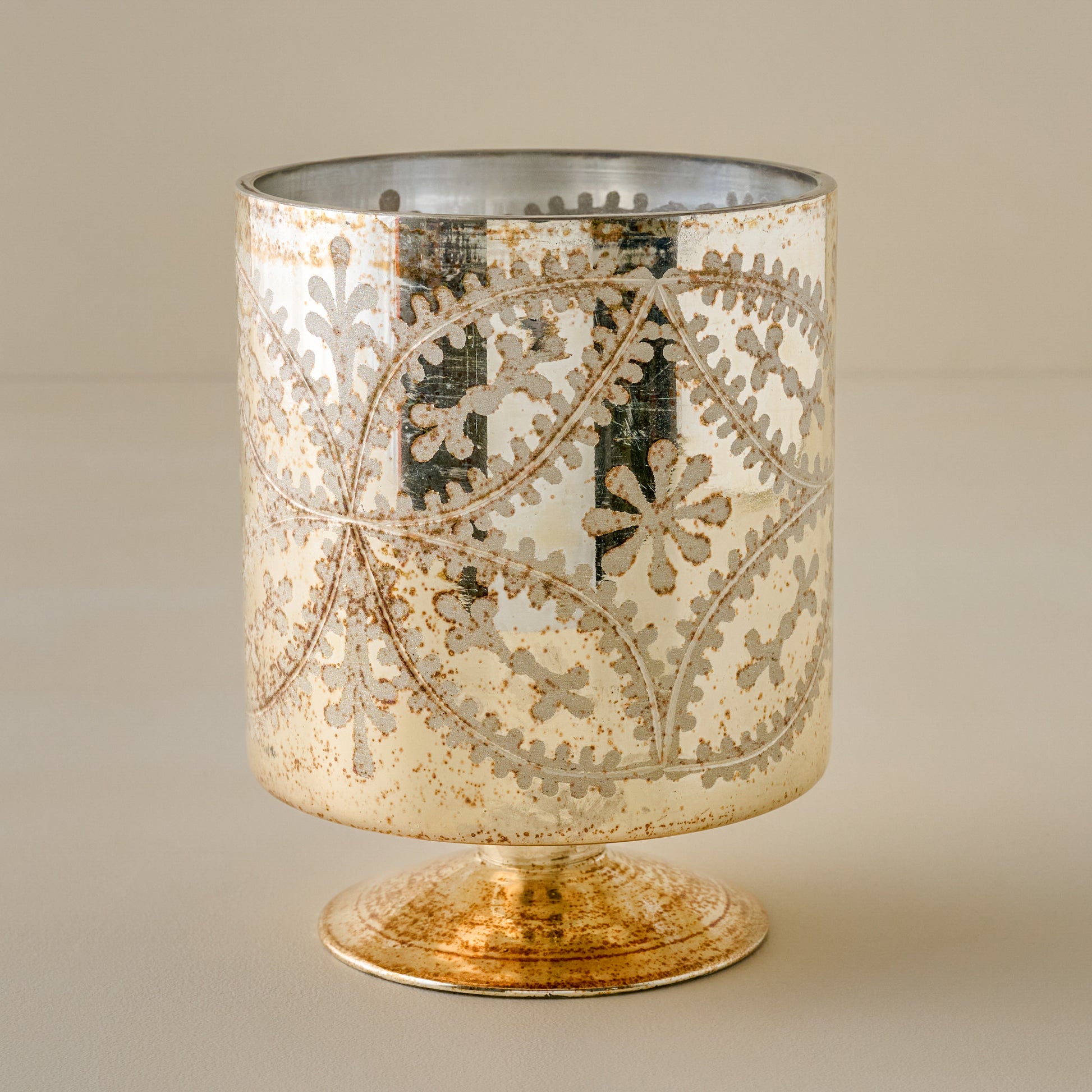 Large Burnished Mercury Glass Floral Hurricane