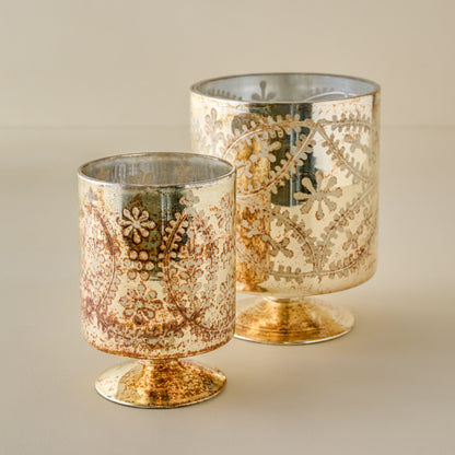 Burnished Mercury Glass Floral Hurricanes