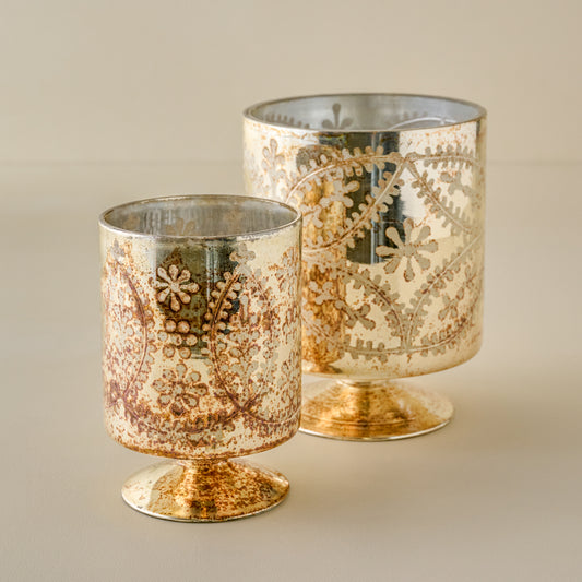 Burnished Mercury Glass Floral Hurricanes