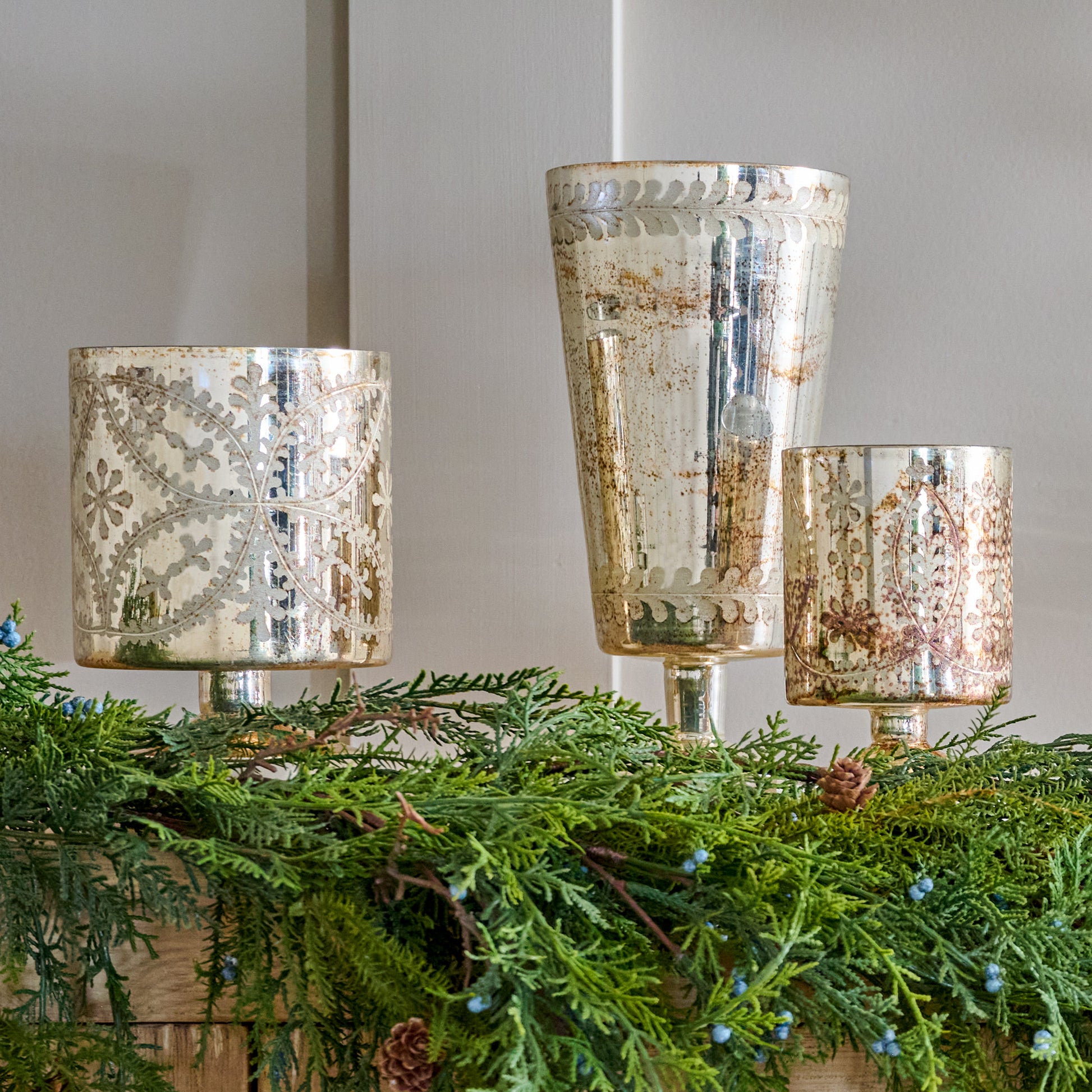 Etched Mercury Glass Floral Vase shown on mantel