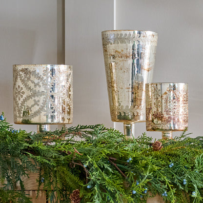 Etched Mercury Glass Floral Vase shown on mantel