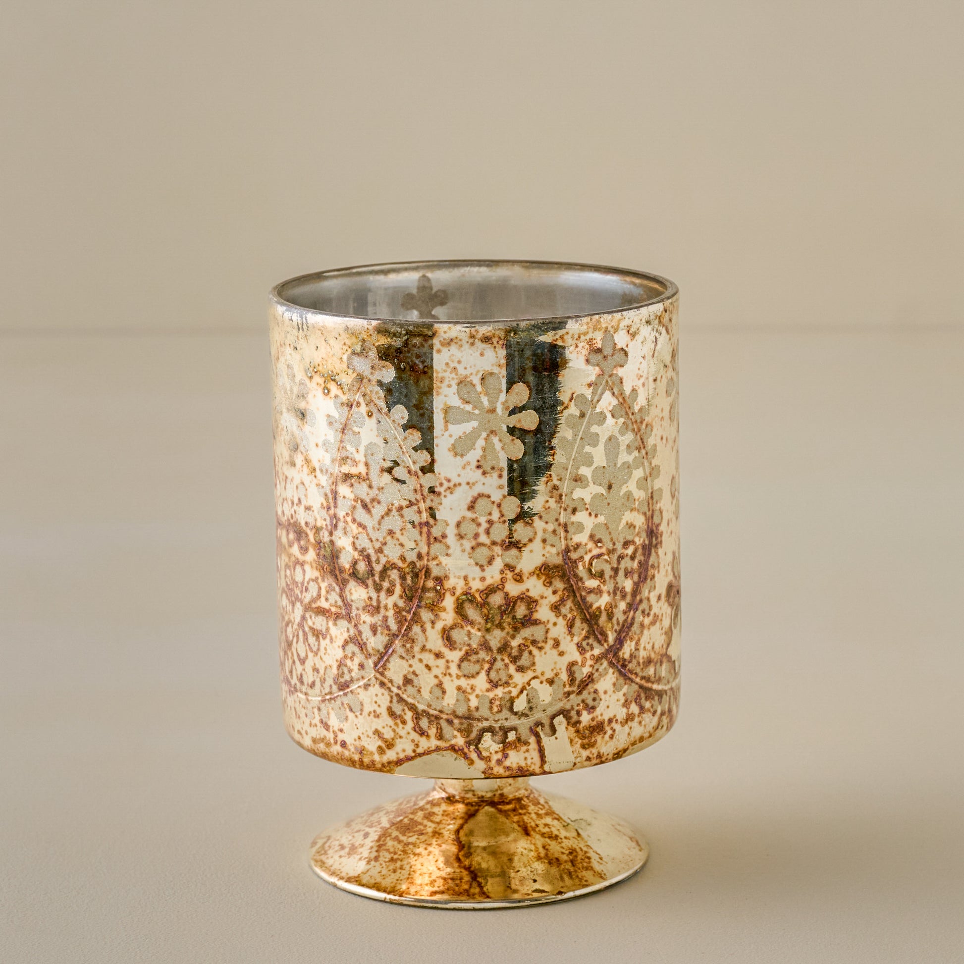 Small Burnished Mercury Glass Floral Hurricane