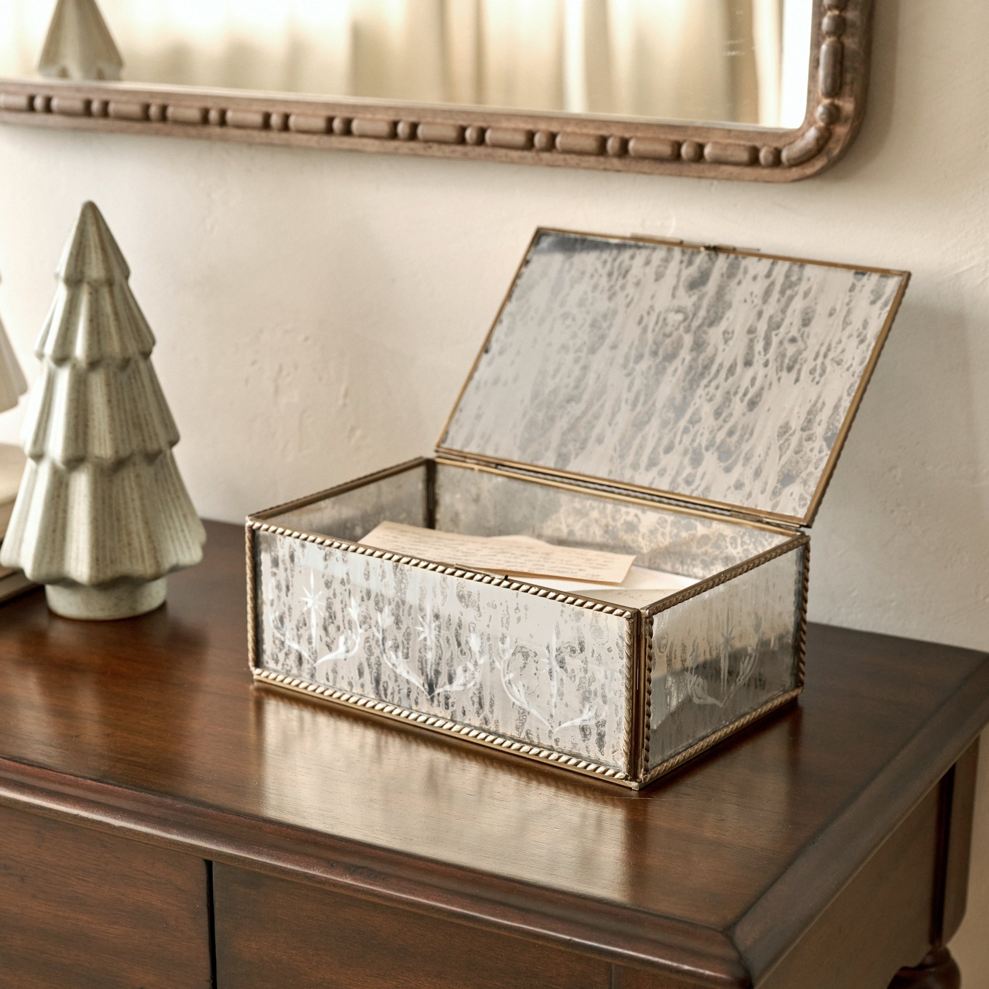 Large Helana Mercury Glass Accent Box shown styled on entry table