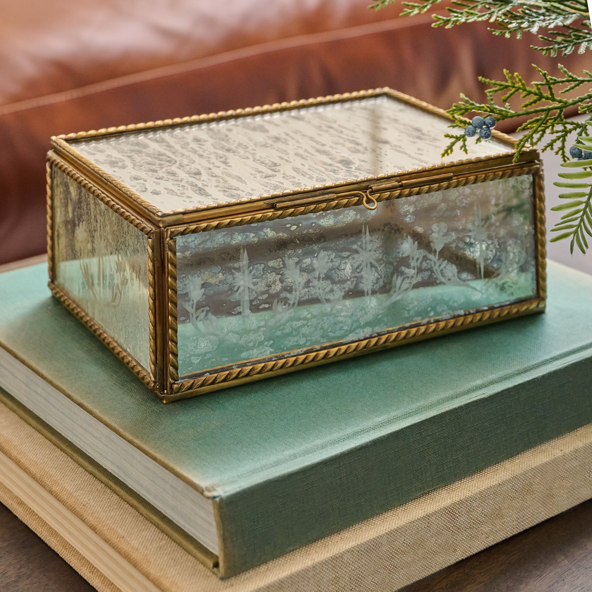 Small Helana Mercury Glass Accent Box shown styled on coffee table books
