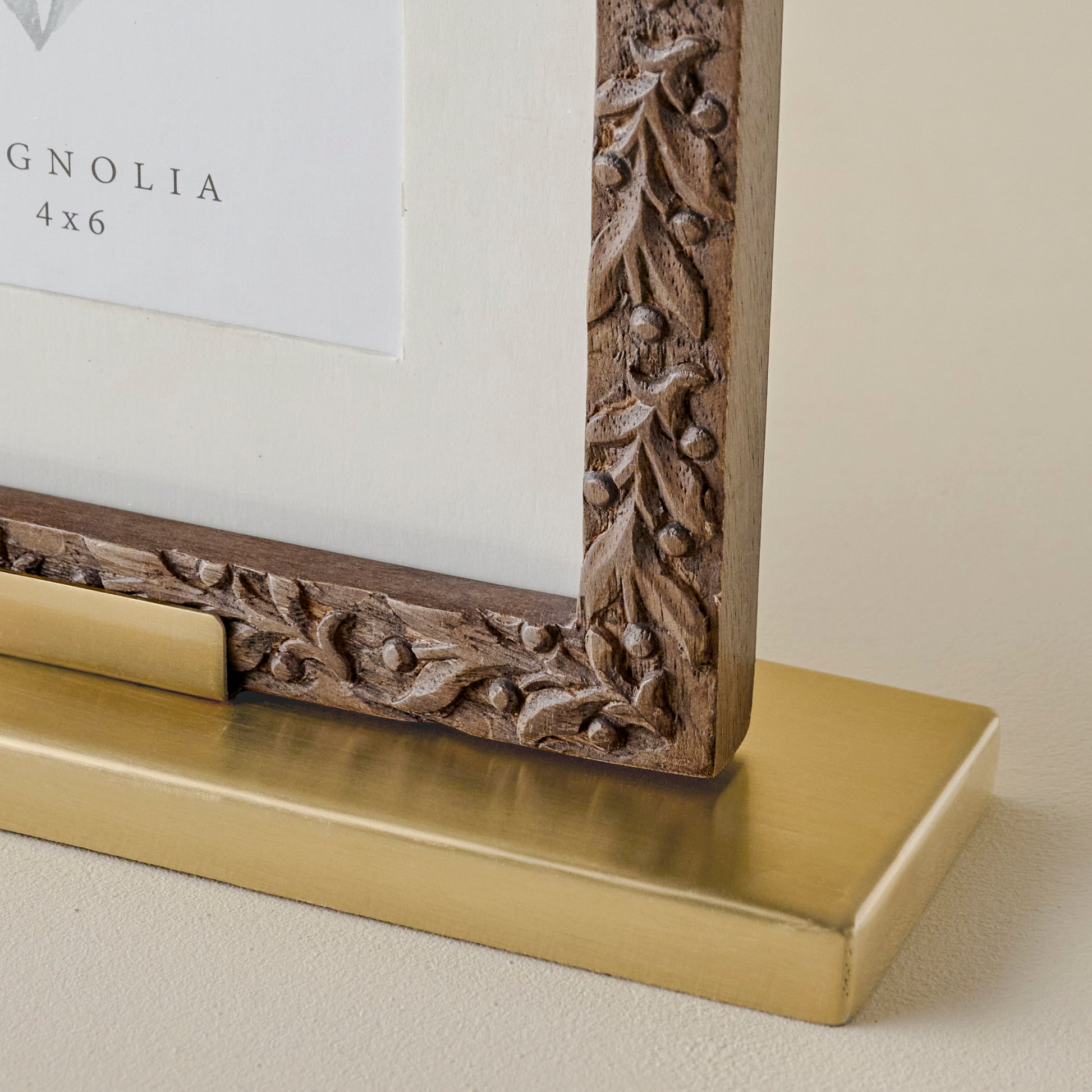 Eleanor Carved Wood and Brass Frame corner up close