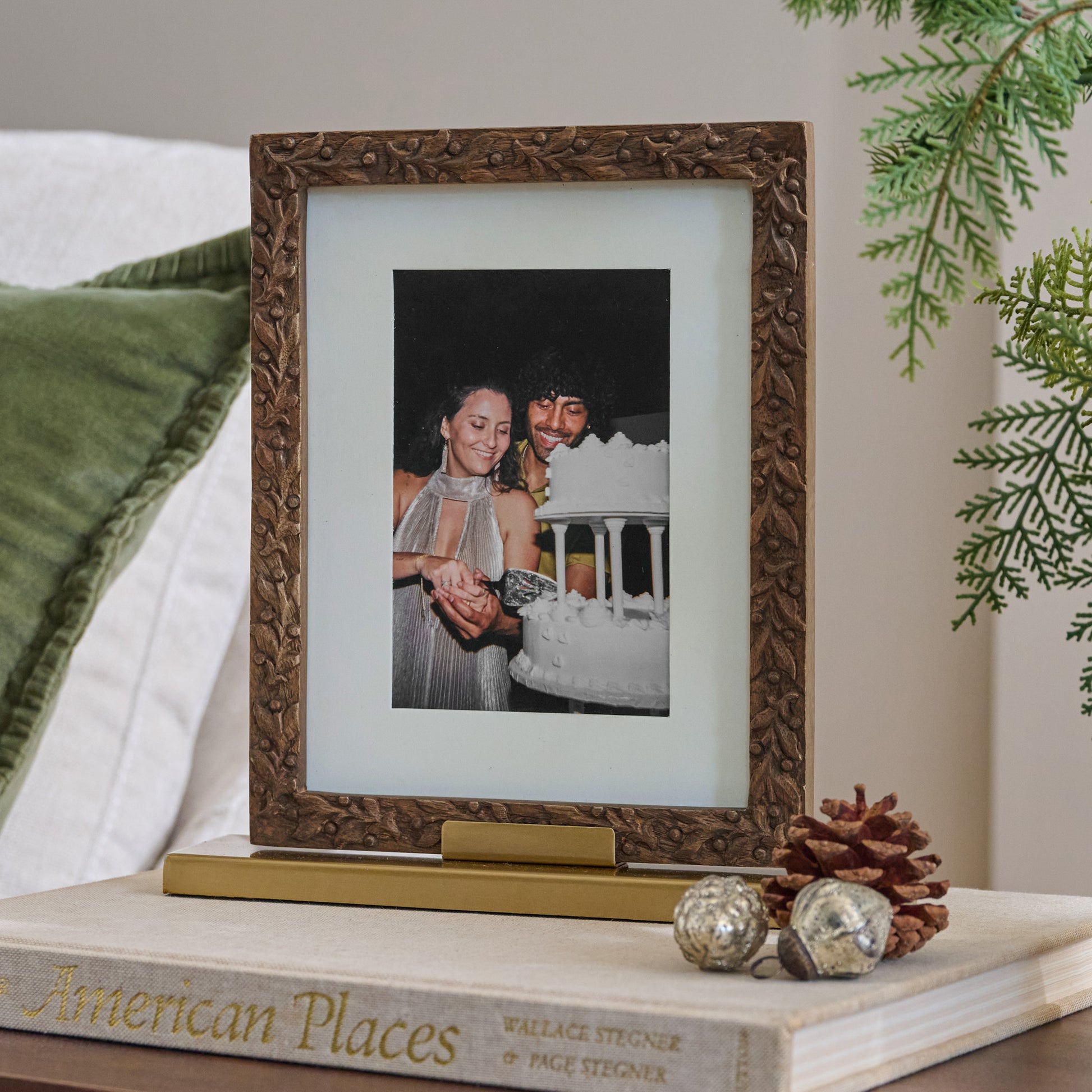 Eleanor Carved Wood and Brass Frame shown with photo