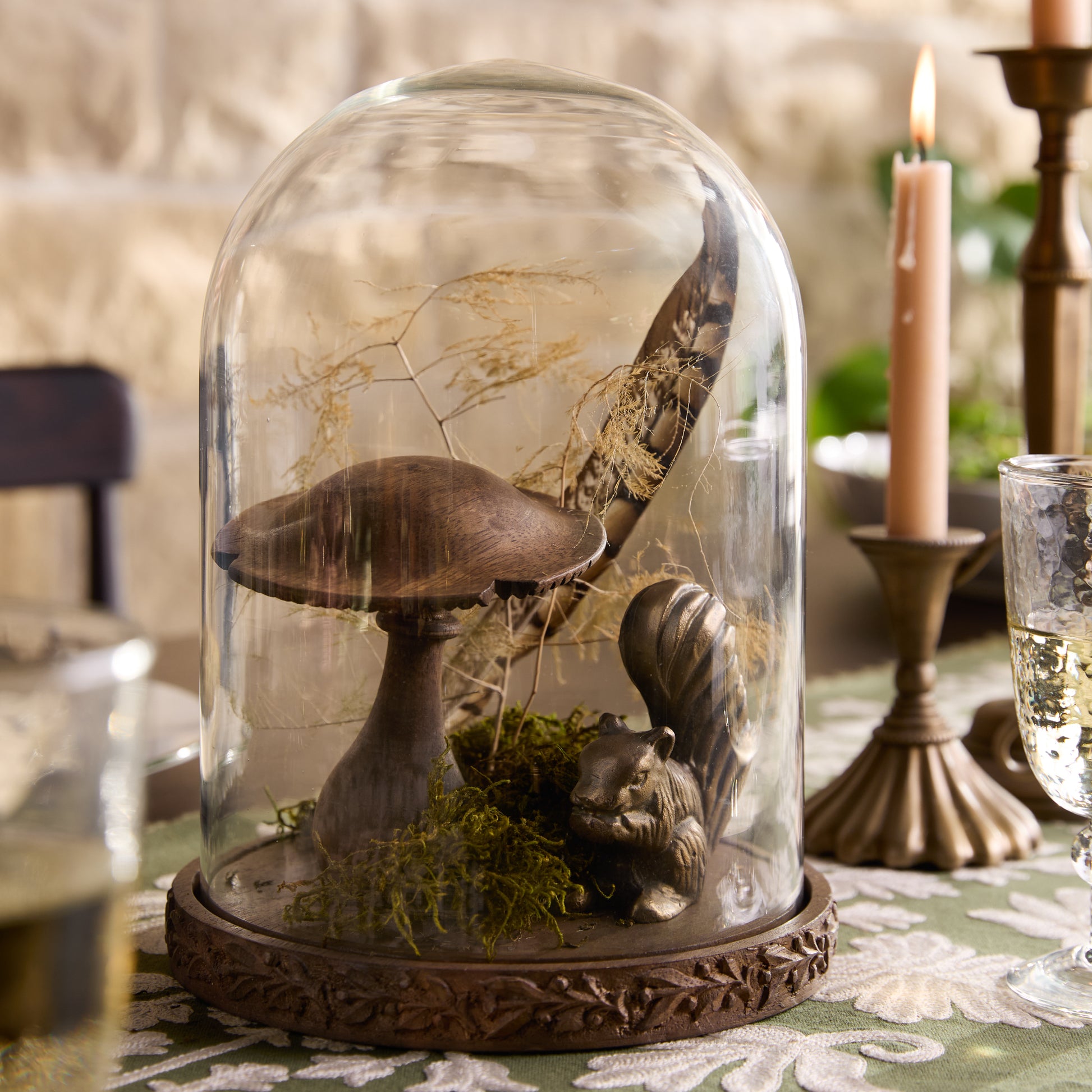 Eleanor Carved Wood Cloche shown styled with mushrooms