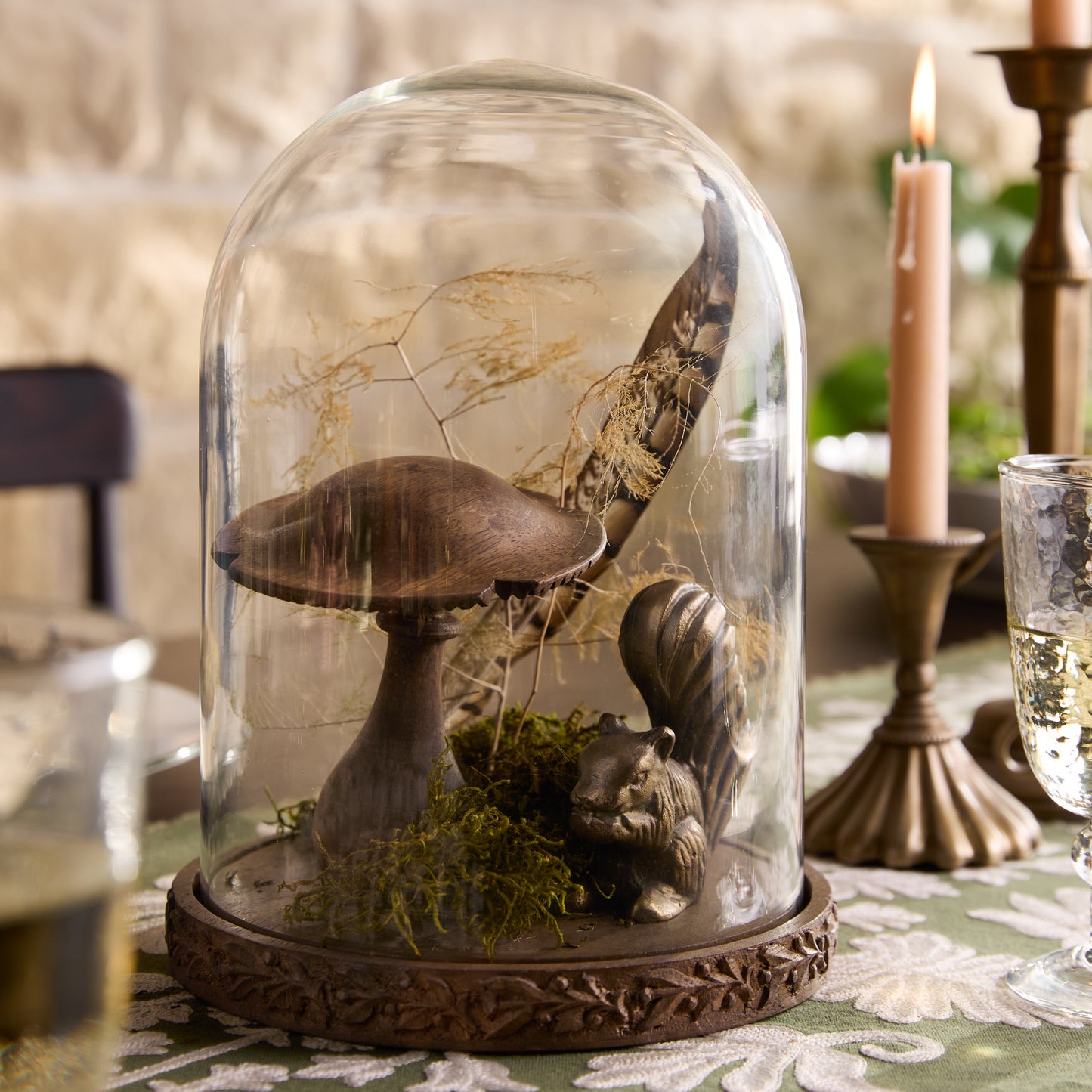 Hand-Carved Decorative Wooden Mushroom in a cloche