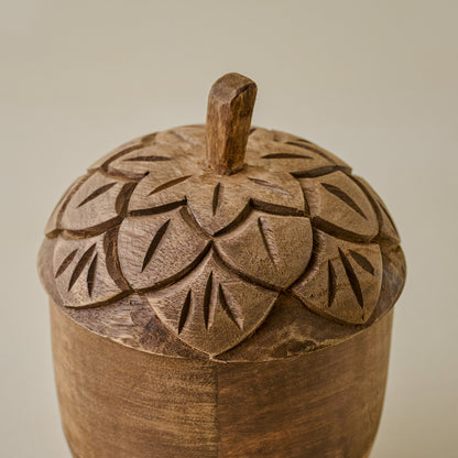 Hand-Carved Wooden Acorn Canister up close