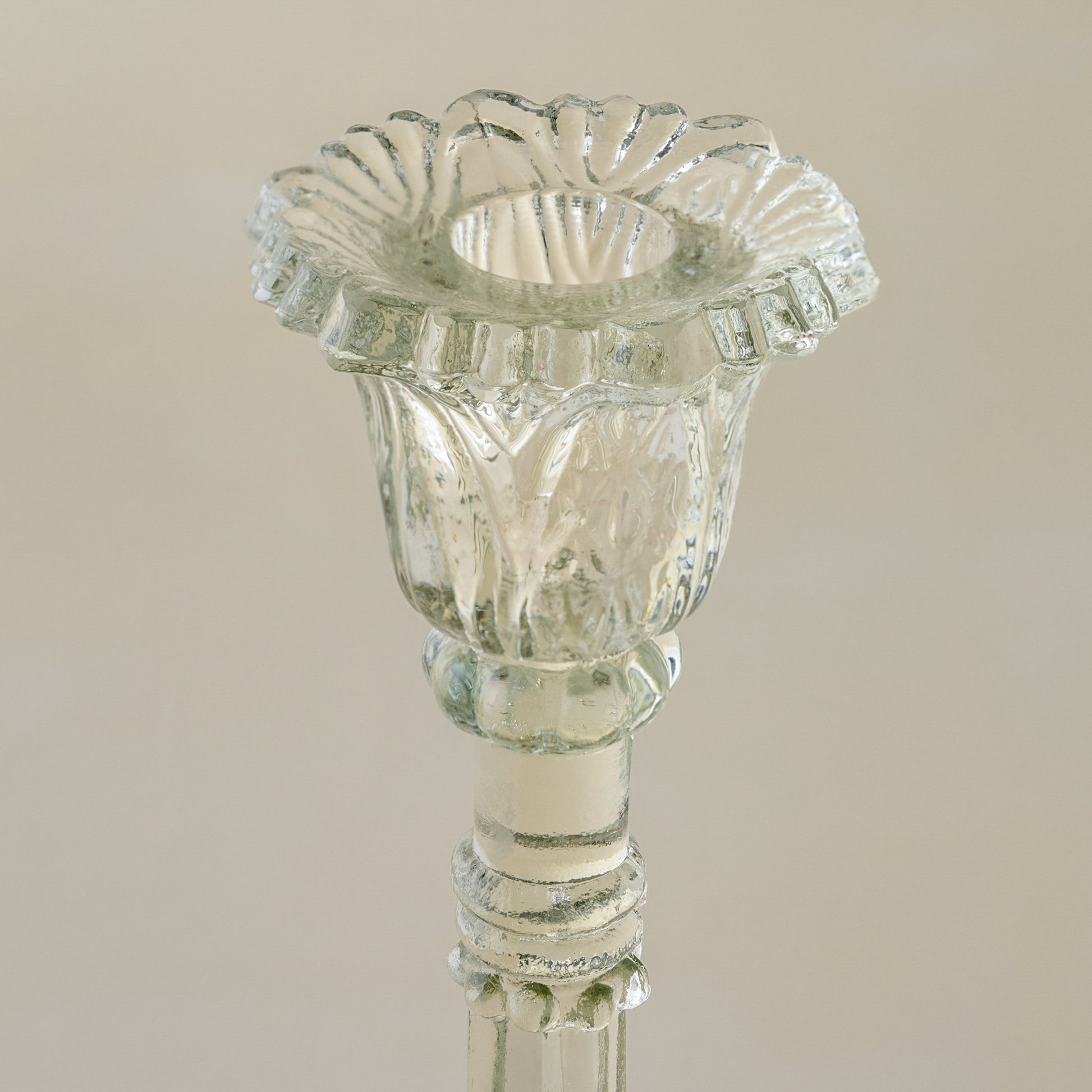 Elsa Antique-Inspired Glass Taper Holder up close