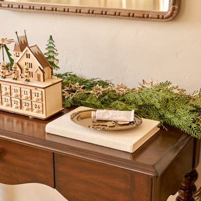 Giselle Antiqued Brass Tray shown on entry table styled with trinkets