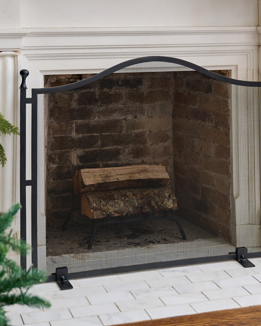 Shepherd Black Fireplace Screen shown in front of fireplace