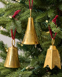 Ava Etched Brass Bell Ornament, Set of 3 hung on tree