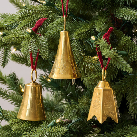 Ava Etched Brass Bell Ornament, Set of 3 hung on tree