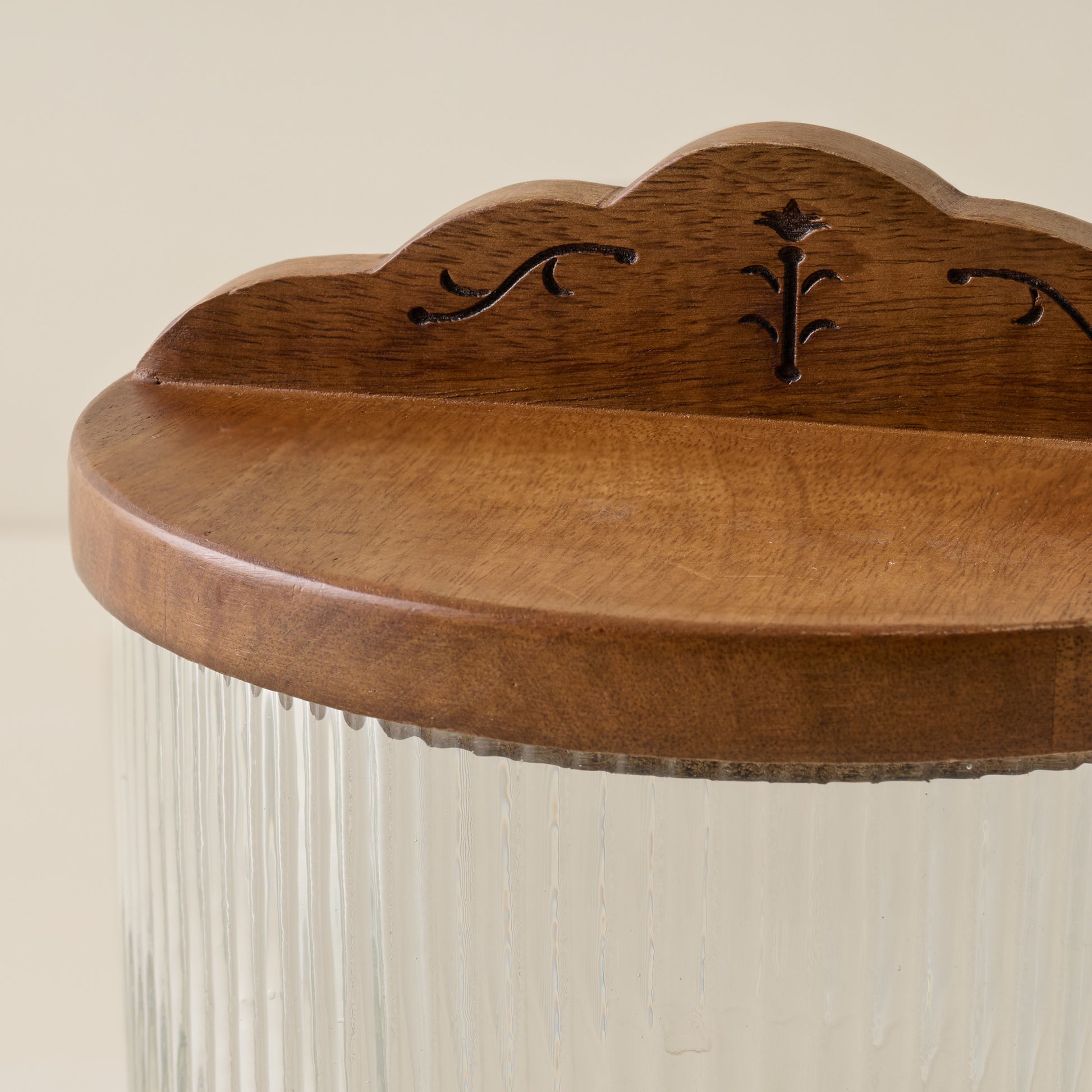 Antiqued Wood Ribbed Glass Pedestal Serving Dish detail up close