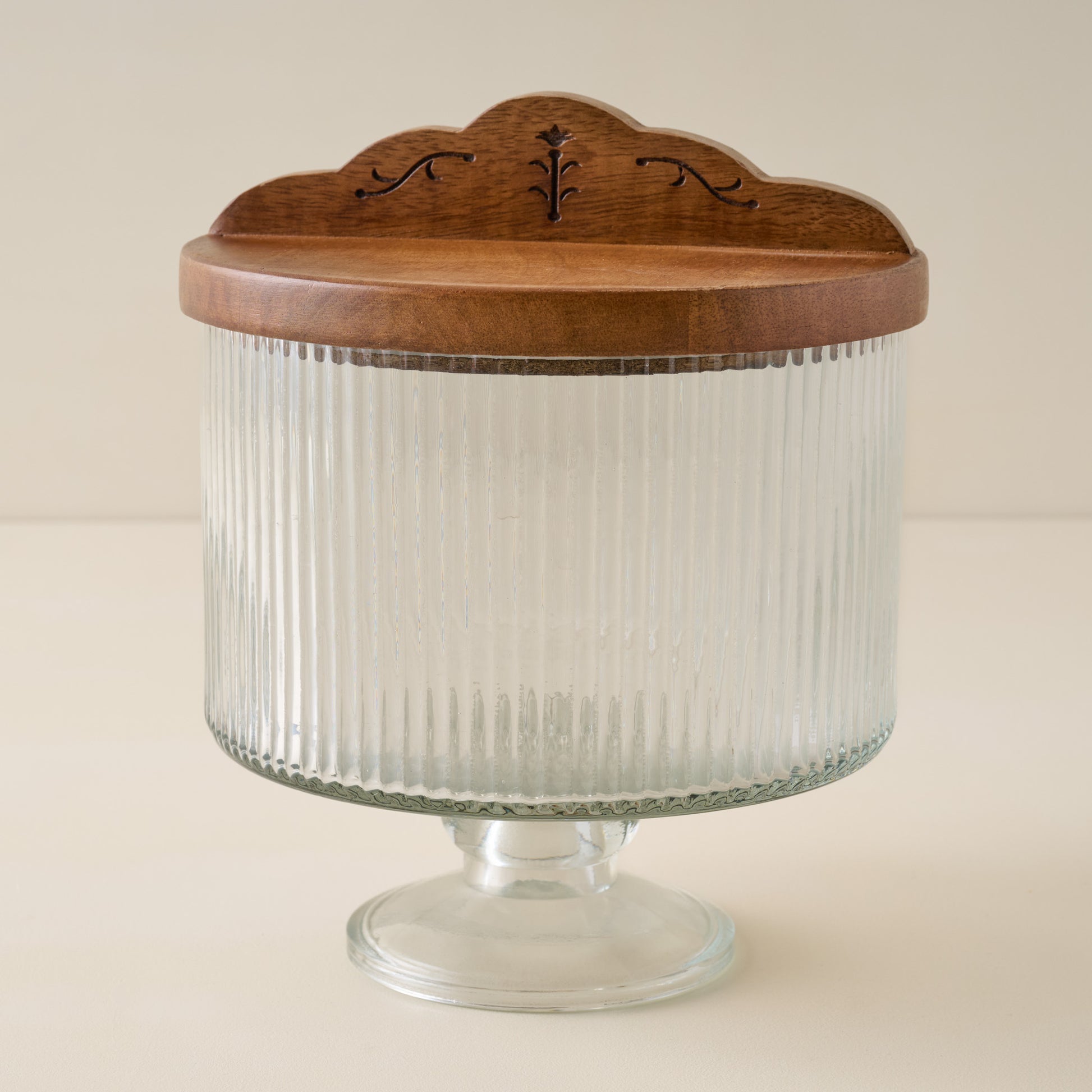 Antiqued Wood Ribbed Glass Pedestal Serving Dish
