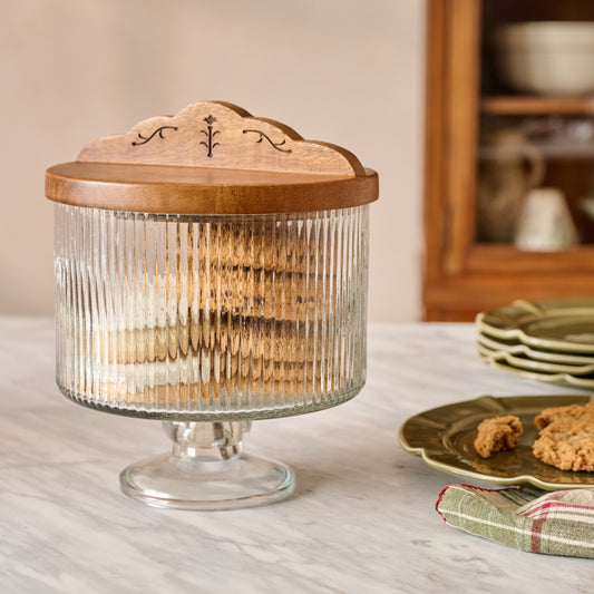 Antiqued Wood Ribbed Glass Pedestal Serving Dish shown with food