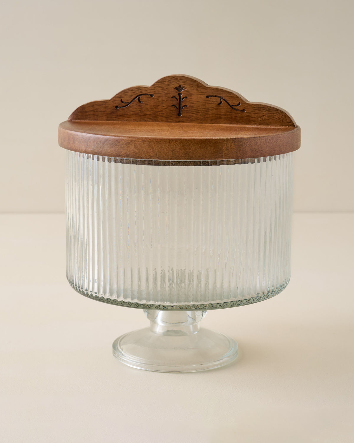 Antiqued Wood Ribbed Glass Pedestal Serving Dish
