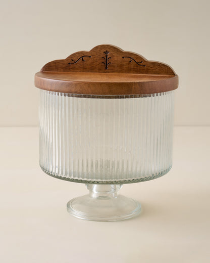 Antiqued Wood Ribbed Glass Pedestal Serving Dish