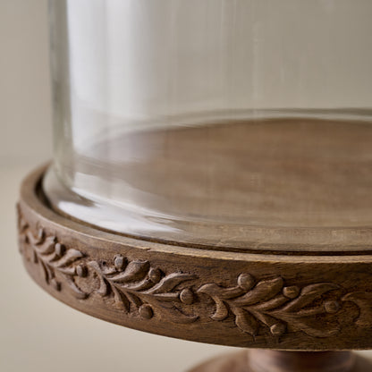 Eleanor Carved Wood Cake Stand with Glass Dome up close shot of detail on wood
