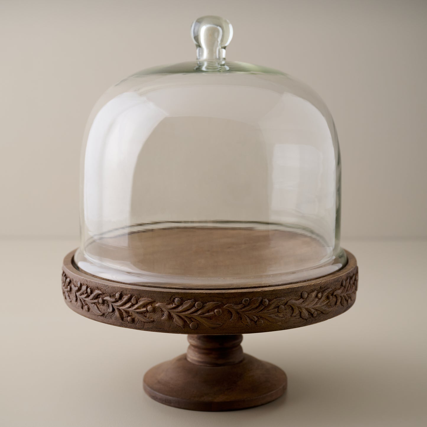 Eleanor Carved Wood Cake Stand with Glass Dome