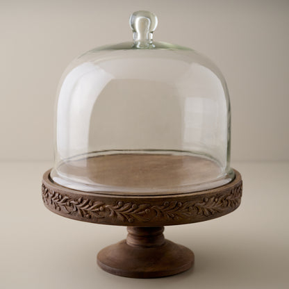 Eleanor Carved Wood Cake Stand with Glass Dome