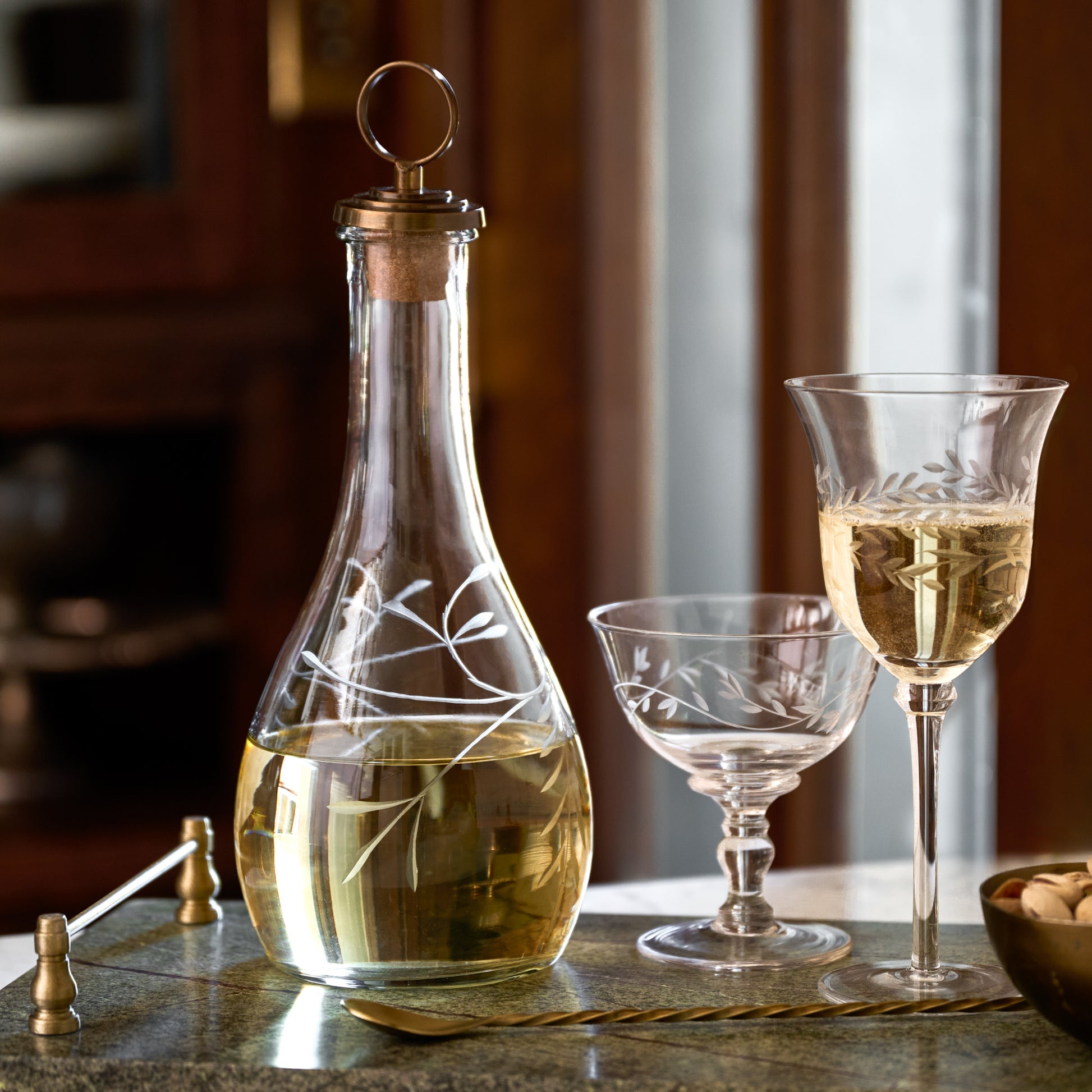 Marlowe Etched Glass Decanter with wine