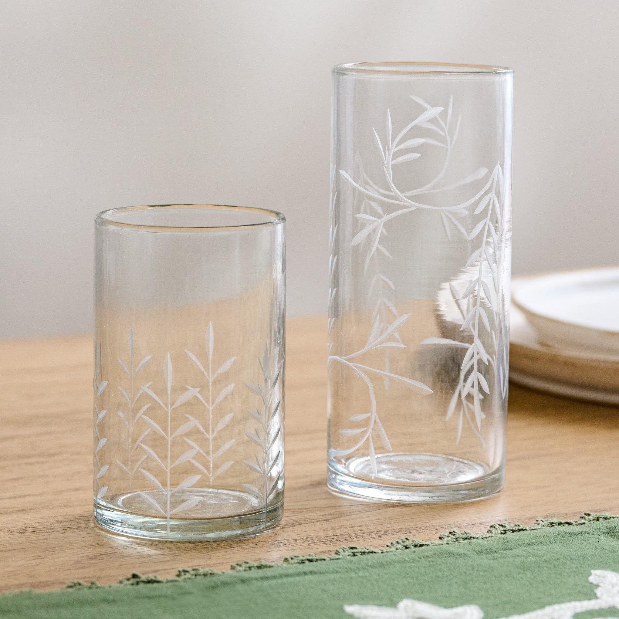 Marlowe Etched Glass Tumblers on table