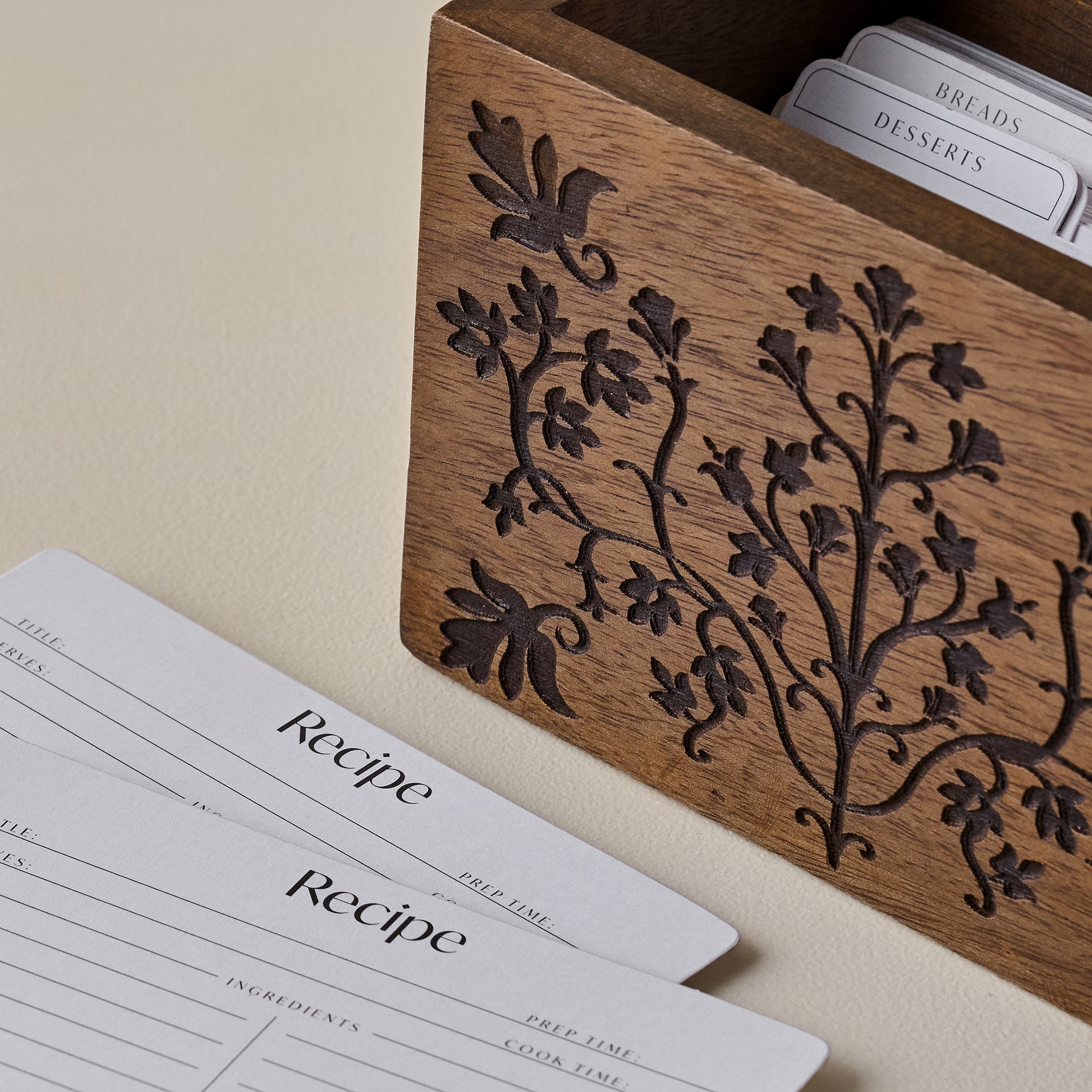 Magnolia Carved Wood Recipe Box up close with recipe cards
