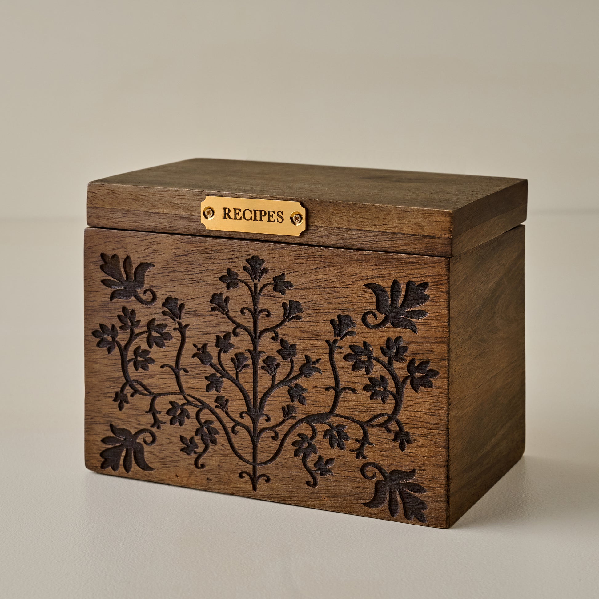 Magnolia Carved Wood Recipe Box